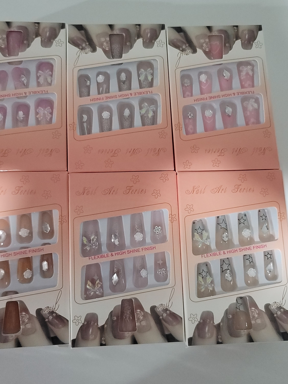 Nail Art Press-On Set - Pink & Nude Decorative Nails. Set Of 6